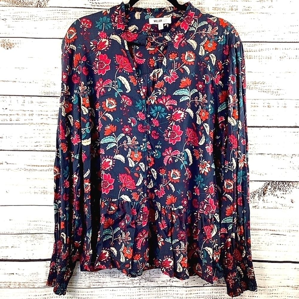 WILLIAM RAST PLUS SIZE XXL‎ 2X TOP NAVY RED FLORAL FALL BLOUSE EUC